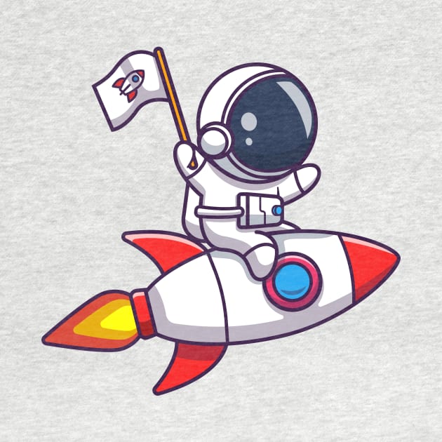 Cute Astronaut Riding Rocket And Holding Flag Cartoon by Catalyst Labs